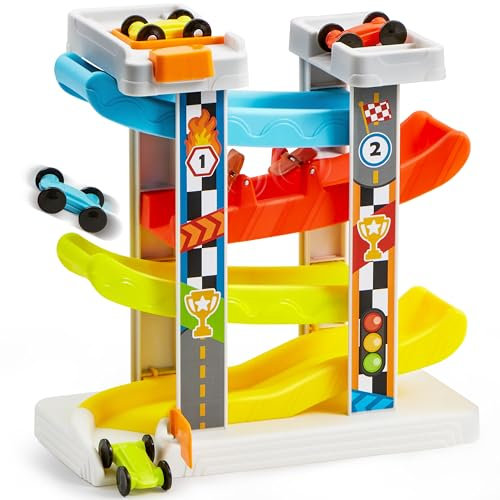 lalalark Toddler Car Ramp Toy for 1 2+ Year Old Kid, 4-Layer Race Track with 4 Cars, Multiple Parking Spaces and Button Trigger Start, 1st Birthday Gift for Boys&Girls