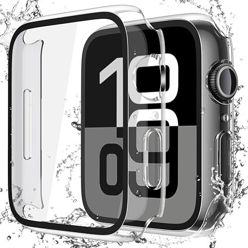 Piuellia 2-Pack Transparent Waterproof Screen Protector Case with Tempered Glass for Apple Watch Series 10 (Released in 2024) 46mm, Hard PC Ultra-Thin Anti-Fall Protective Cover for iWatch