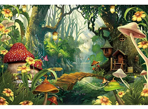 Xiaoterna 12x8ft Forest Backdrop Enchanted Mushroom Butterfly Fantasy Wonderland Spring Flower Photography Background Wooden House Arch Bridge Stream Backdrop Adults Kids Portrait Photo Props