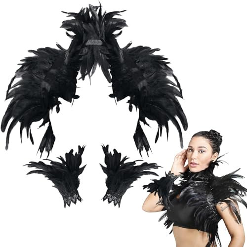 Schwarze Federn Gothic Set, 2 Stück Federn Schwarz Federkragen Damen mit Manschetten, Federkragen Schwarz Elegantes Federhalsband für Halloween, Karneval, Cosplay, Maskerade und Bühnenauftritte