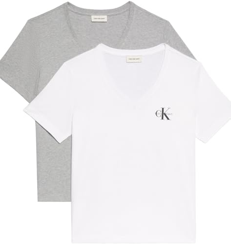Calvin Klein Damen 2er Pack T-Shirts Kurzarm Logo Tee mit V-Ausschnitt, Mehrfarbig (Heroic Grey Heather/Brilliant WHI), XL