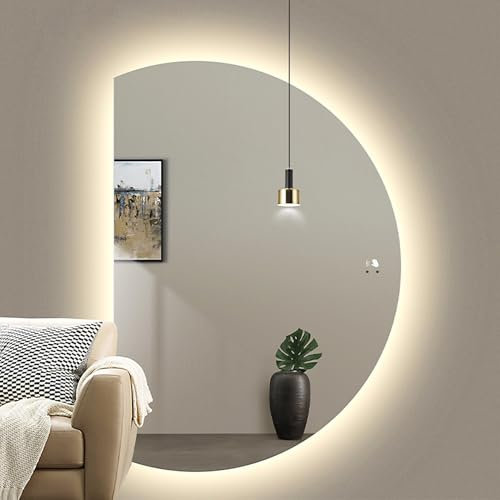 Mirocrafta Specchio da bagno intelligente a mezzaluna, decorazione a figura intera, grande specchio per trucco illuminato a LED, specchio da parete irregolare, 3 colori dimmerabili, anti-appannamento