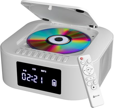 KLIM Lettore CD Stereo Boombox E1 - BASS Boost con Subwoofer - FM Radio con Lettore CD e USB, Bluetooth, AUX - Stereo casa - Filo o Wireless - Batteria ricaricabile, Telecomando - Bianco