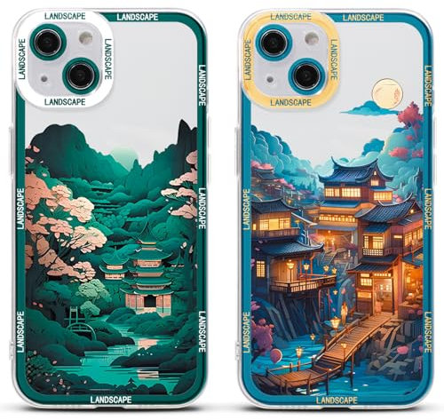 Stradvnaly 2 Stück Aesthetic Handyhülle für iPhone 11 Pro Hülle 5.8, TPU Weich Schutzhülle mit Anime Japanische Mond Berg Ästhetik Muster Silikon Stoßfest Cover Case,Muster