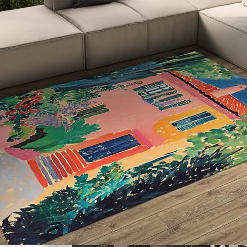 LANDERSION Skurrile Gartenhaus Bereich Teppiche Helles abstraktes Haus umgeben von Pflanzen Blumen Indoor Rutschfester Teppich für Eingangsflure 60x120cm