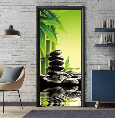 Türtapete Selbstklebend Türaufkleber Bambus Kieselstein Türfolie 77X200 cm 3D Fototapete Türposter PVC Wasserfest Türbilder Wandtattoo für Schlafzimmer Wohnzimmer Tür Dekoration Abnehmbar -DS1193