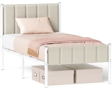 VASAGLE Einzelbettgestell, 90 x 200 cm, mit gepolstertem Kopfteil, Stahl | Bettrahmen, einfache Montage, trägt bis zu 250 kg, Cappuccino-Beige, DUPON Kollektion RMB972LH01