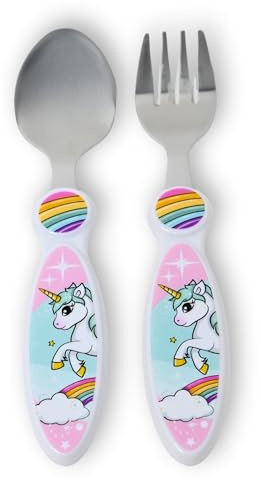 damaloo Kinderbesteck Einhorn – Löffel & Gabel Set 14,5 cm – Edelstahl Besteck mit Kunststoffgriff – Kindgerechtes Design für Mädchen – BPA frei & robust – Perfekt für Frühstück & Mittagessen