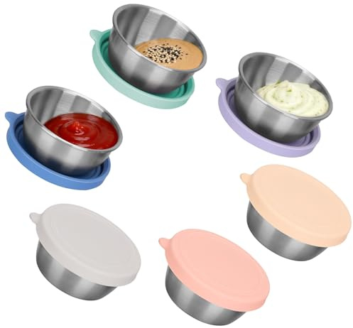 Cozary Lot de 6 Mini Pots à Sauce avec Couvercle En Silicone, 50 ml Récipients à vinaigrette en Acier Inoxydable à Emporter, Réutilisables, Anti-fuite, pour Collations, Sauces, Sauces Et éPices
