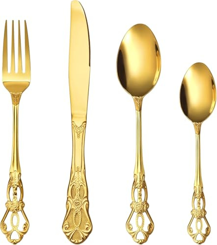 Gold Cutlery Set, 32-Piece Cutlery Set for 8 Retro Royal Knife and Fork Sets Mirror Polished Dishwasher Safe Vintage Spoons Cutlery for Home Banquet Catering