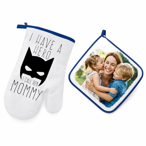 GIFART Set Guanto e Presina da Forno Personalizzato con Foto e Testo – Resistente al Calore – Idea Regalo Festa della Mamma, Compleanno, Natale (Blu)