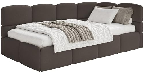 Selsey Jugendbett 120x200cm Braun Chenille Stoff mit Matratze und Lattenrost, Polsterbett mit Stauraum und Bettkasten, gepolstertes Kinderbett 120x200, Jugendbett rechtsseitig mit Eckkopfteil