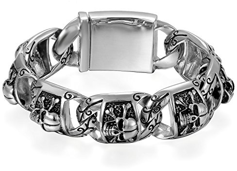 Flongo Herren-Armband für Herren, Große Schwer Breit Edelstahl Armband Link Handgelenk Silber Schwarz Gold Totenkopf Schädel Motorradfahrer Biker Herren-Accessoires