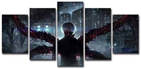 Five-Seller Leinwand Gemälde, Tokyo Ghoul Anime Manga Wandkunst Ölgemälde für Einrichtungsgegenstände Mordern Dekoration, Gruseliger Kaneki Ken Image Print - 40X20 Zoll / 100X50 cm - 5 Stück
