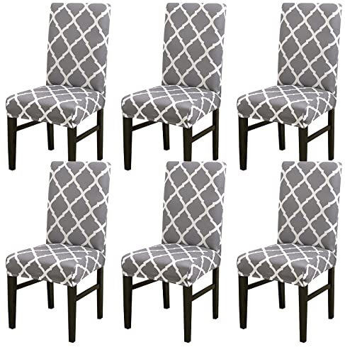 LiveGo Dining Chair Covers Set of 6,Stretch Dining Chair Protective Printed Slipcovers,Elastic Removable Washable Chair Protector Seat Covers for Dining Room Banquet Party Home Decor(Grey+white, 6PCS)