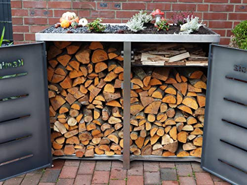 Boxen-Factory KG Edelstahl Kaminholz Lager, Brennholz Lager, für ca. 1.3 m³ Brennholz in Anthrazit RAL7016 -matt- mit Pflanzdach