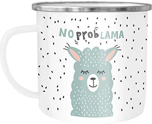 Moonworks® Emaille-Tasse Becher Spruch No Prob Lama Motiv lustig Kaffeetasse Kindertasse weiß-metall Emailletasse