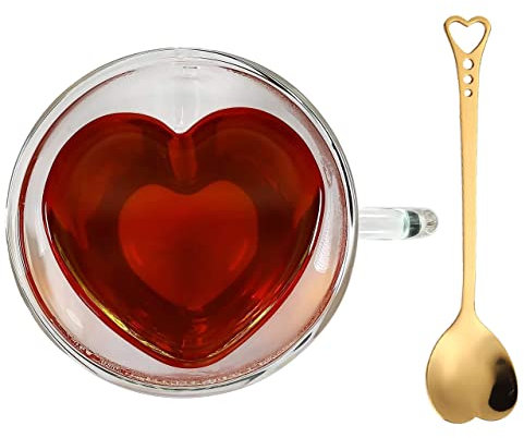 Heart Shaped Cup - Double Walled Insulated Glass Coffee Mug or Tea Cup - Double Wall Glass 10oz (300ml) - Clear - Unique & Insulated with Handle - With Teaspoon