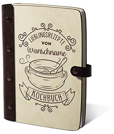 Kartenmachen.de Notizbuch, Rezeptbuch, Rezeptordner Holzcover mit Echtleder Rücken 72 Blatt | 144 Seiten A5 hoch 158x222mm Birkensperrholz - Kochbuch