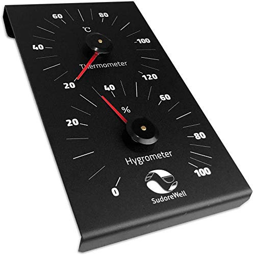 SudoreWell® Sauna Klimamesser black aus schwarzem Aluminium mit Thermometer + Hygrometer 130 x 190mm