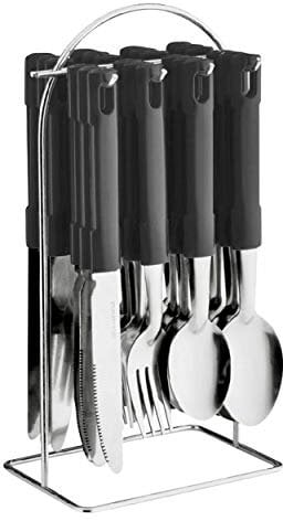 New Black 24pcs Cutlery Set with Stainless Steel Stand Rack Tableware Dining Set Plastic Handle Spoons Forks
