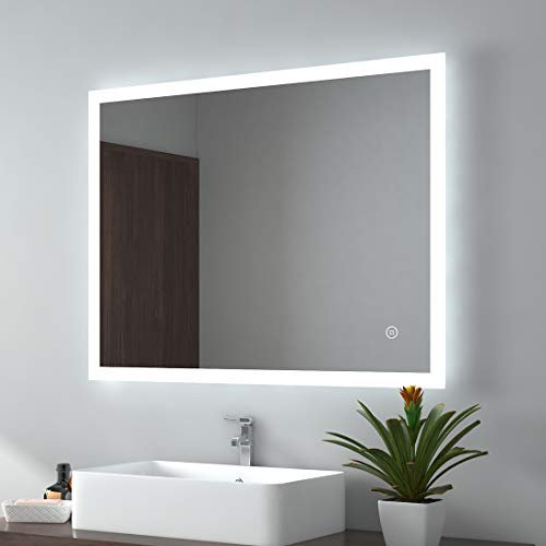 EMKE 450 X 600 mm Illuminated Backlit Led Bathroom Mirror with Bluetooth, Wall Mounted Multifunction Bathroom Vanity Mirror with Shaver Socket and Demister Pad, Energy-Saving Illuminated Smart Mirror
