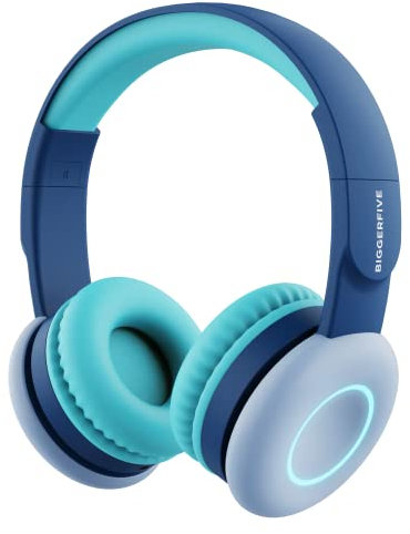 BIGGERFIVE Bluetooth Kopfhörer Kinder, Farbige LED-Leuchten, 85/94 dB Lautstärkebegrenzung, 50 Stunden Spielzeit, Faltbare, Kabellos und Kabel, Kinderkopfhörer mit Mikrofon für Schule/Tablet/Handy/PC