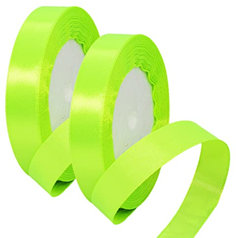 2 x 15mm Wide Neon Green Ribbon Satin Ribbon 22m, 3/5 inch Thick Lime Green Ribbon for Gift Wrapping Wedding Christmas Birthday Cake Hair Bow Florist Bouquet Crafts Decorations