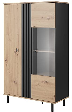 Furniture24 Vitrine Madis Vitrinenschrank Schrank Wohnzimmerschrank 2 türiger, Artisan Eiche/Anthrazite, 90x149x40
