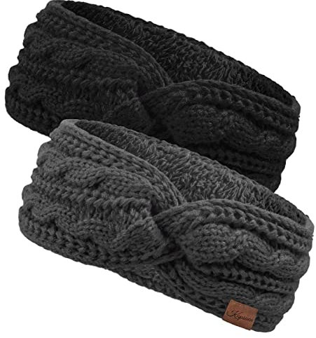 Damen Gestrickt Stirnband - Mädchen Ohrenwärmer Gefüttert mit Fleece, Haarband Elastische Kopfband Stirnbänder für Damen/Frauen/Mädchen 2 Stück (Schwarz1+Grau1)