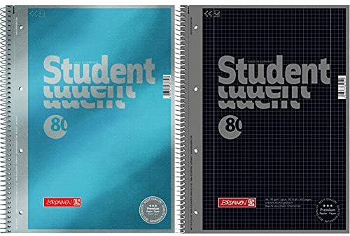 Brunnen 1067147 Notizblock/Collegeblock Dotted Premium Deckblatt, 5 Stück cyan-metallic & 1067928190 Notizblock/Collegeblock Student Colour Code (A4 kariert, Lineatur 28, 90 g/m², 80 Blatt) schwarz