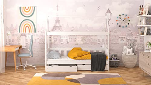 WNM Group Hausbett 180x90 cm Kacper - Kinderbett mit Lettenrost für Mädchen und Jungen - Bett mit 2 Schubladen - 100% Massives Rohes Kiefernholz - Weiß