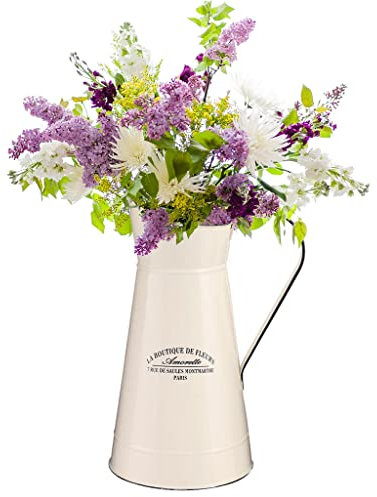 Large Galvanised Metal Jug Vase Cream Vintage Style Farmhouse Country Style Pitcher Jug Flower Vase with Text Print Design