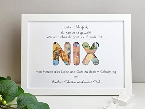 personalisiertes Geldgeschenk zum Geburtstag - Motiv NIX (mit Bilderrahmen - shabby weiß)