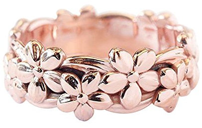 Echter massiver 14K Roségold Blumenring 925 Silber Teller Glück Gänseblümchen Pflaume Blüte Kirsche Blumenringe für Frauen Verlobung Eheringe Schmuck Größe 6-10