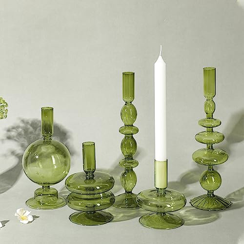Rtteri Kerzenständer aus Glas, bunt, Boho-Chic, klare Basis, elegante Vase für Zuhause, Party, Tafelaufsatz (grün), 5 Stück