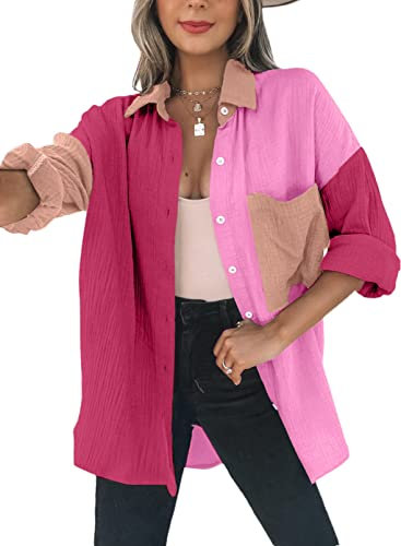 Dokotoo Bluse Damen Musselin Langarmshirt Baumwolle Lässig Oberteile Hemd Langarm Farbblock Shirts Knopfleiste Tops Hemdjacke Rose L
