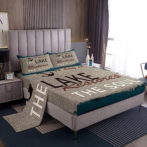 Lake House Bettlaken-Set für Doppelbett, Kinder, nautisches Anker, See, Ozean, Raumdekoration, rustikal, Holz, Campinghütte, Bettwäsche-Set für Jungen und Teenager, (1 Spannbettlaken + 1 Kissenbezug)