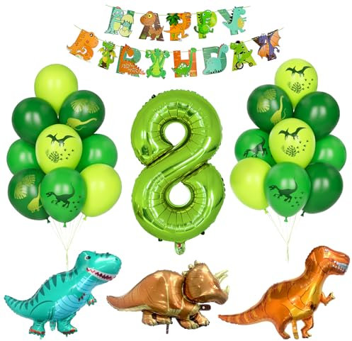 Dino Geburtstag Dekor, Kindergeburtstag Dekoration 8 Jahr Jungen Dinosaurier Luftballons Grüner Zahlenballon 8 Grün Latexballons Helium Dschungel Folienballon Happy Birthday Banner Partyzubehör