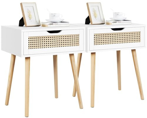 Yaheetech Lot de 2 Tables de Chevet Scandinave Table de Nuit en Bois Chevet de Lit Chambre Adulte Table d'Appoint 1 Tiroir en Rotin pour Salon 48,5 x 41 x 58 cm Blanc