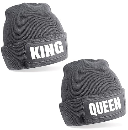 Herzbotschaft 2er Set Beanie Strickmütze mit Spruch | King - Queen | grau | Unisex SoftTouch angenehm weiche und warme Wintermütze | OneSize Einheitsgröße für Erwachsene