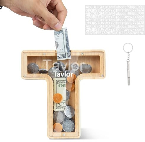 DONJIM Personalized Wooden Money Box, 7 Letter Piggy Bank, Clear Money Gift Box, Detachable Money Jar, with DIY Alphabet Stickers and Screwdriver, Alphabet T Money Tin
