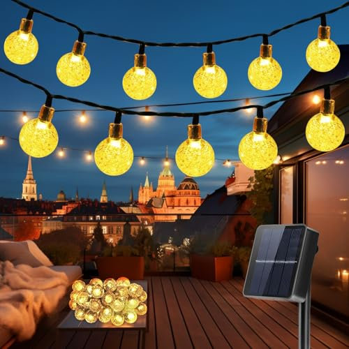 Solar Lichterkette Aussen, 18M 100LED Solar Lichterkette Außen Wetterfest 8 Modi Kristall Kugeln Lichterkette Außen Solar für Garten, Balkon Deko, Terrassen, Hochzeiten, Partys, Bäume, Warmweiß