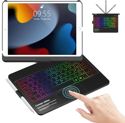 Étui avec Clavier avec Touchpad pour iPad 9ème/8ème/7ème Génération, Rotatif à 360° Coque pour iPad avec Mise en Veille/Réveil Automatique, 7 Rétroéclairages AZERTY Français Bluetooth Clavier(Noir)
