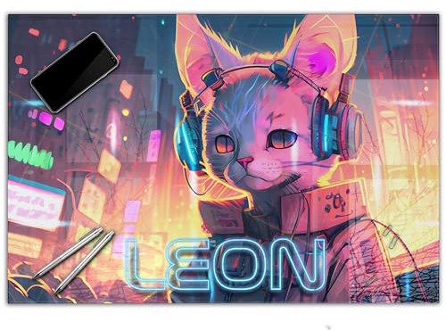 Gamer Schreibtischunterlage personalisiert mit Namen | 60 x 40 cm Cyperkatze | wasserfeste Schreibunterlage, abwischbar, hochwertiges Acrylglas, gaming Motiv Teenager Kunststoff