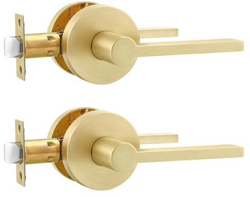 Leydebong 2 Pack Brushed Gold Door Handles, Passage Door Knob Set Interior Door Handles, Hallway/Closet Door Lever Set Indoor Door Handle Set for Right/Left Handed Doors
