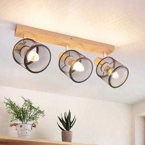 Deboola Deckenstrahler 3 Flammig Deckelampe Holz - Deckenleuchte E14 Strahler Küchenlampe LED Schwenkbar Vintage Schwarz Spotleuchten für Wohnzimmer Schlafzimmer Flur Küche Ohne Leuchtmittel