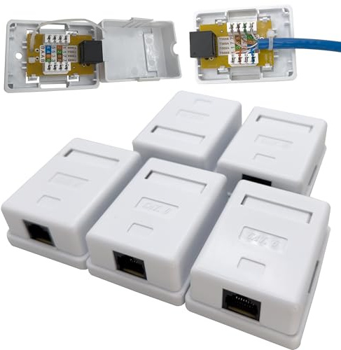 1050 Pk5 Integrated Single Port Cat6 Wall Mounted Box - Punchdown Board & RJ45 Jack in Box, Includes mounting Tape and Screws, T-568A or T-568B