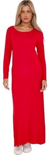 Fashion Flair Long Sleeve Maxi Dresses for Women UK Plus Size Ladies Round Neck Full Length Maxi Dress Top 8-26 Red