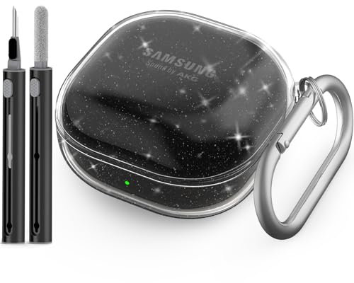 Transparent Hülle Kompatibel mit Samsung Galaxy Buds Pro 2 Case/Galaxy Buds FE/Galaxy Buds 2/Galaxy Buds Pro/Galaxy Buds Live mit Karabiner & Reiniger Kit (Funkeln Schwarz)